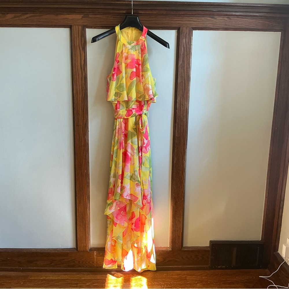 Eliza J Pink and Yellow Floral Halter Dress